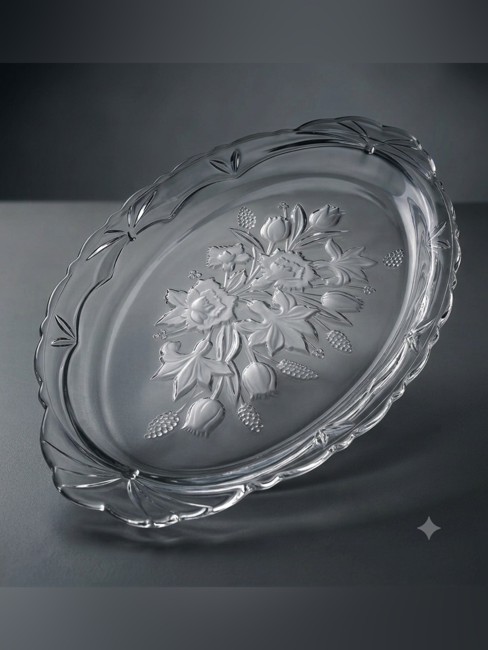 Vintage Clear Glass Oval Platter Frosted Floral Tulip Daffodil Serving Dish 16x9